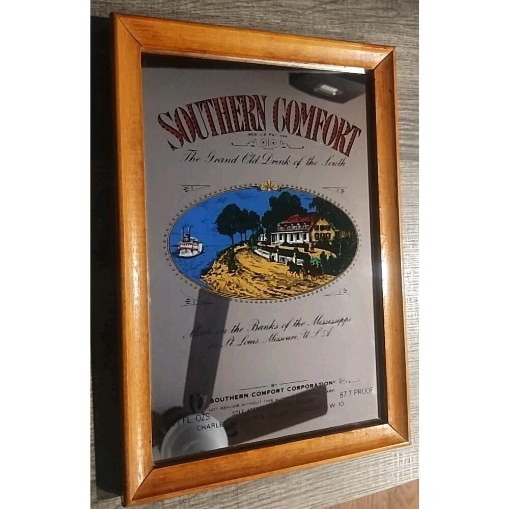 Vintage Southern Comfort Bar Mirror Wood Frame Whiskey Sign Man Cave Decor USA